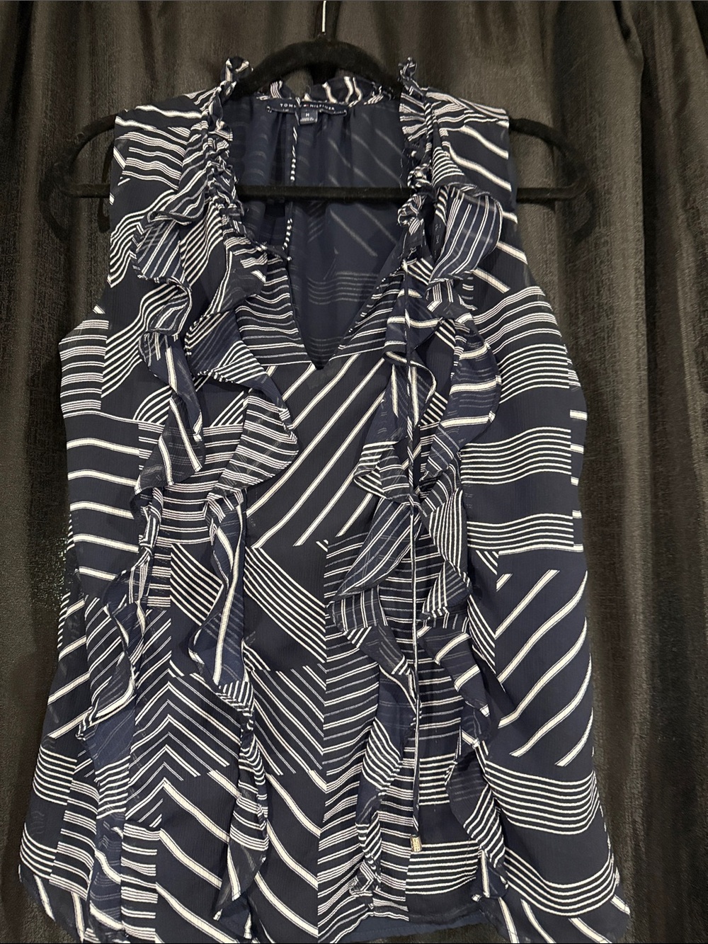 Tommy Hilfiger Navy and White Striped Ruffle Collar Blouse